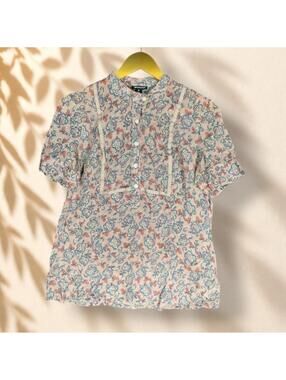 Ronson Blouse Women M Medium Pink Floral 1/2 Button Short Sleeve Rayon Casual